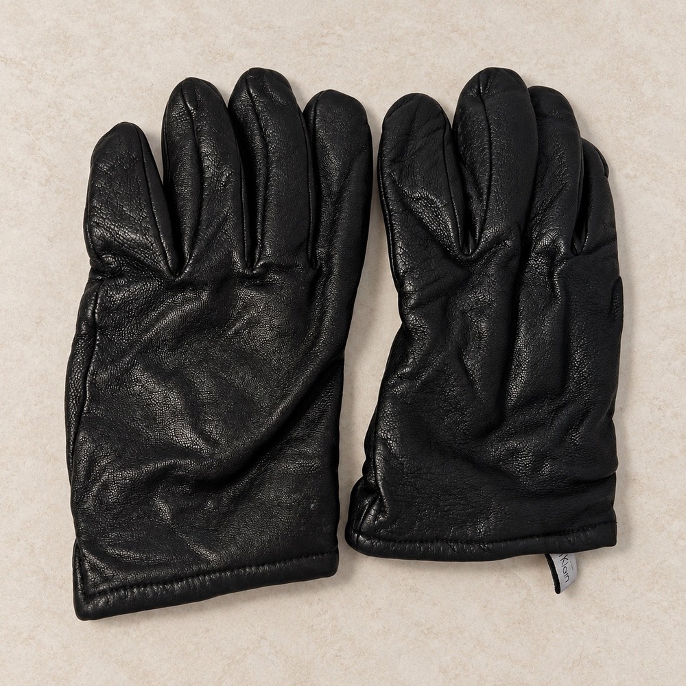 Calvin Klein Mens Black Leather Driving Gloves Wool Cashmere Blend Lining Size M